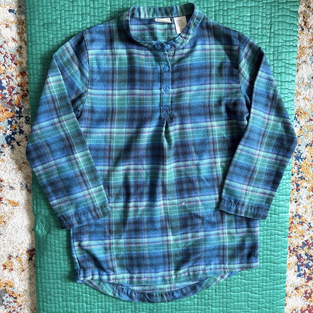 L.L. Bean Girls Vintage Blue Teal Plaid 1/4 Button Henley Flannel Shirt Size 8